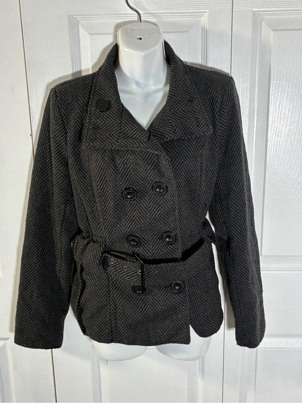Strawberry Gray Herringbone Belted Peacoat Jacket Medium